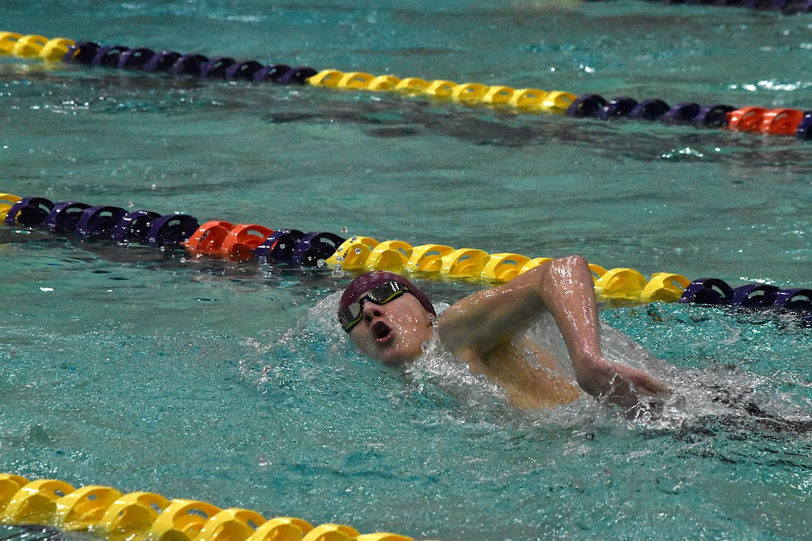 Moses Lake High School freshman Vince Bodenman swims at the meet in Wenatchee on Jan. 13.