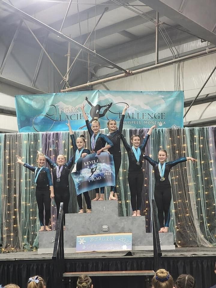 Courtesy photo
Level 4s from Technique Gymnastics won the 1st Place Team Award at The Glacier Challenge in Kalispell, Mont. From left are Kendall Tryon, Natalie Prince, Taylynn Lee, Libby Huffman, Aspynn Duquette-Dismuke, Khloe Brady and Shauna Clark.