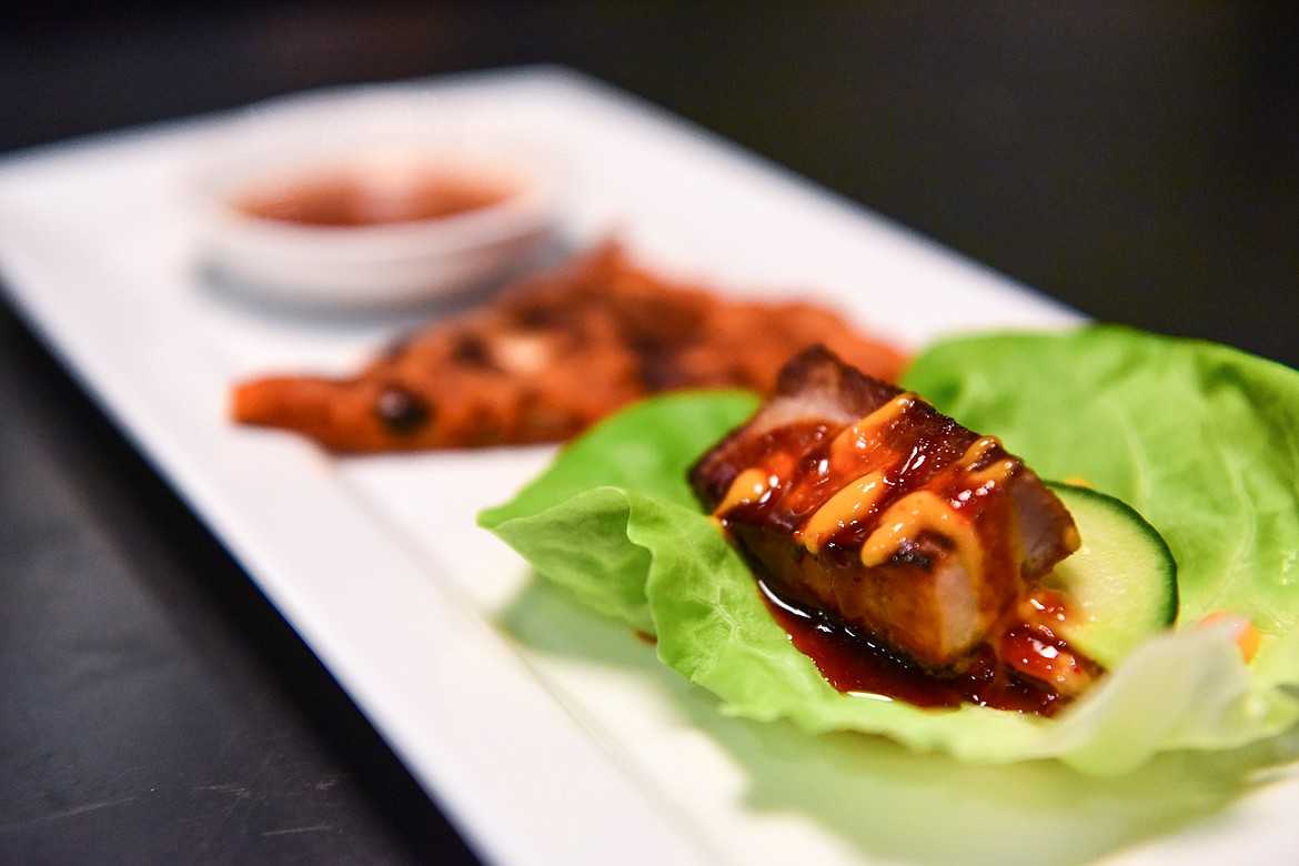 Kimchi Pancake & Braised Pork Belly Lettuce Wrap during a hands-on cooking class by chef John Evenhuis at Trovare in Whitefish on Tuesday, Jan. 18. (Casey Kreider/Daily Inter Lake)