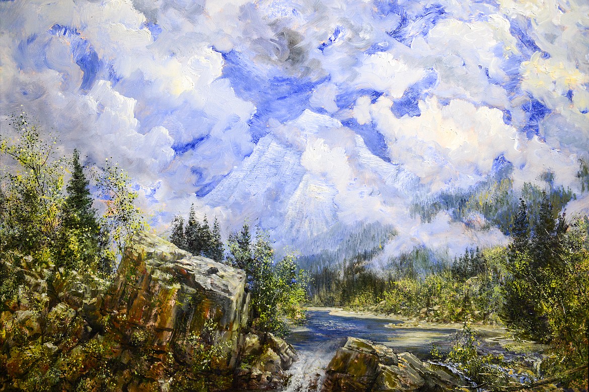 An oil on board painting titled "Bowman Creek in Spring" by artist Nicholas Oberling at the Members' Salon 2022 exhibit at the Hockaday Museum of Art in Kalispell on Thursday, Jan 20. (Casey Kreider/Daily Inter Lake)