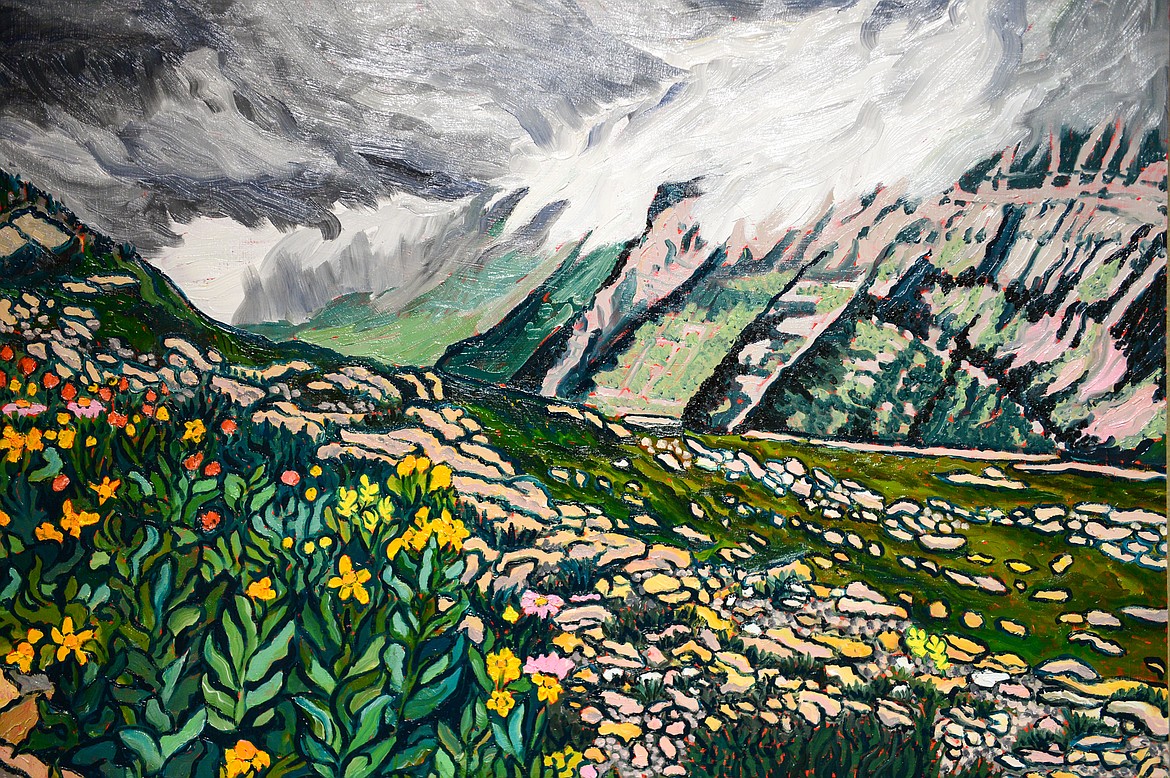 Detail of an oil on board painting titled "The Rocky Top of the Continental Divide" by artist Kathleen Frank at the Members' Salon 2022 exhibit at the Hockaday Museum of Art in Kalispell on Thursday, Jan 20. (Casey Kreider/Daily Inter Lake)