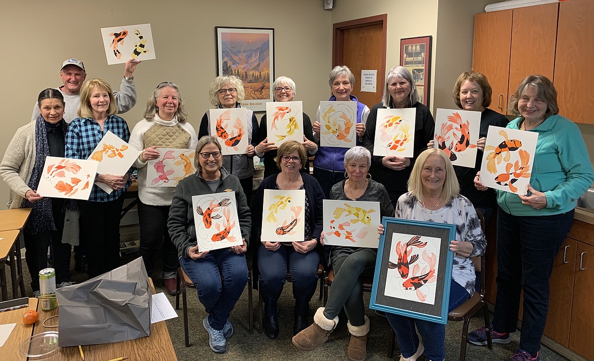 Idaho Education Association Retired Council grant funding supports the North Idaho Education Association Retired Chapter's EngAGE Artfully program. Members create artwork during sessions with retired art teacher Tama Meyer. Proceeds from their creations support the group's operational fund and the IEA Children's Fund. Front row, from left: Kathleen McDanal, Mary Lee Ruch, Gretta Shay and Meyer. Back row, from left: JoAnn Harvey, Dennis Houchin, Gerri Paradee, Kristi Milan, Bette Price, Jan Studer, Jill Houchin, Debbie Flory, Janet Hoffman and Carol Uptagrafft.