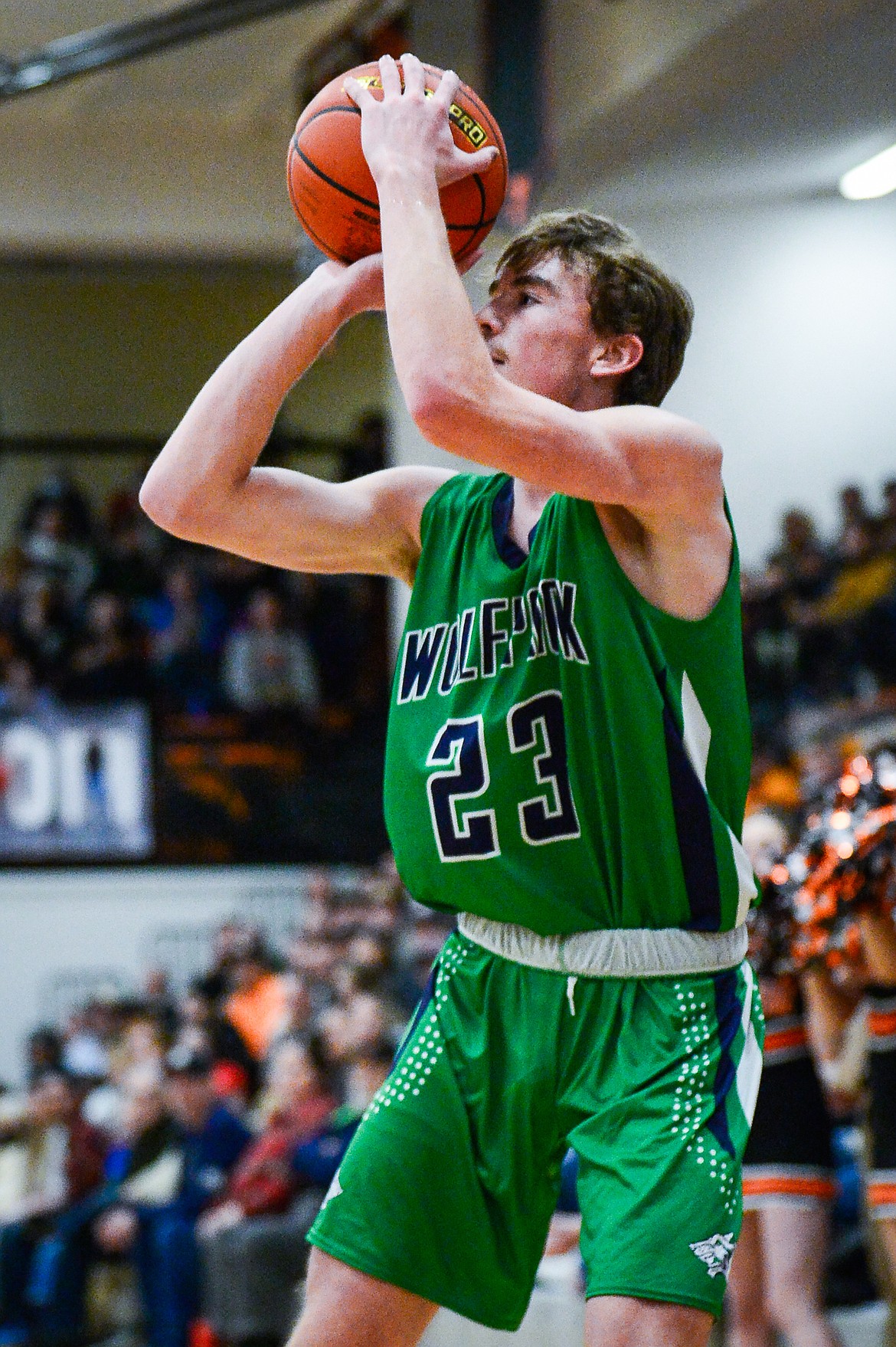 Glacier's Will Salonen (23) gets an open look at a three against Flathead at Flathead High School on Friday, Jan. 21. (Casey Kreider/Daily Inter Lake)