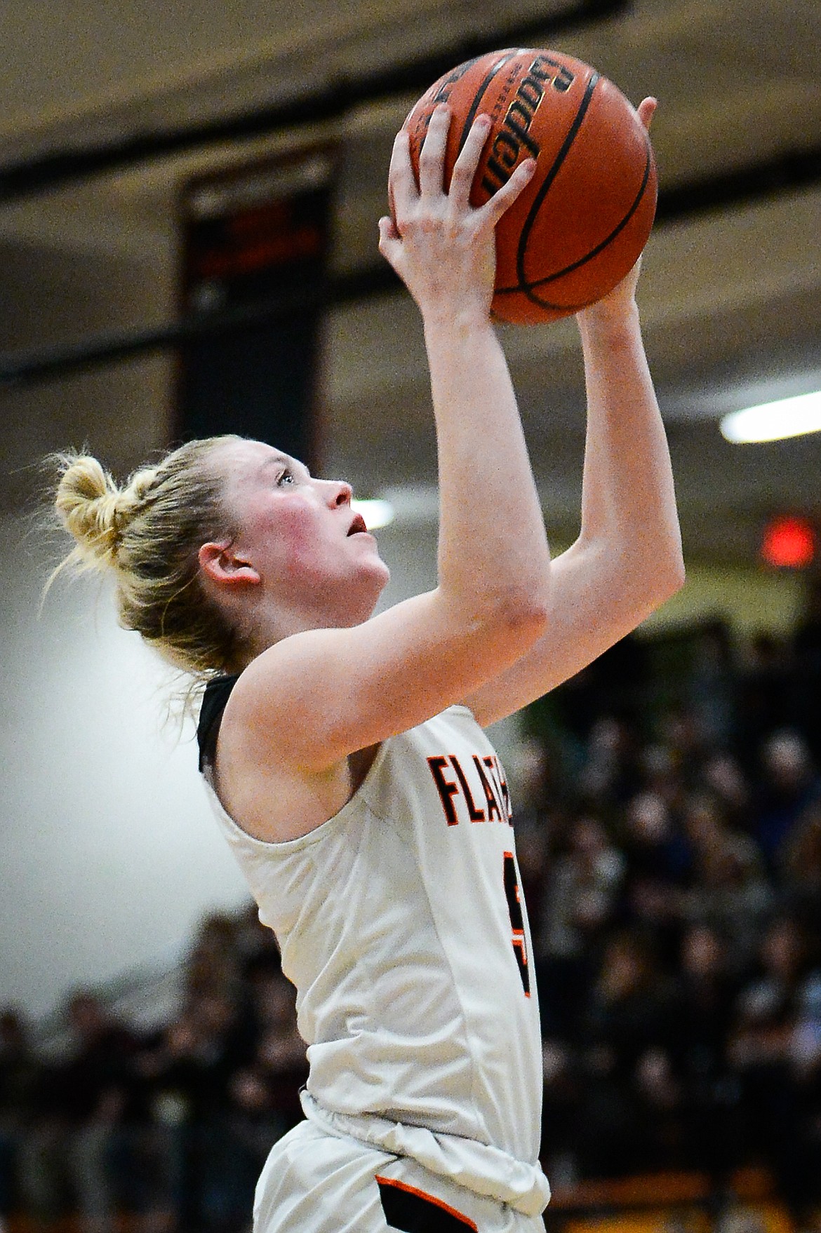 Flathead's Maddy Moy (5) goes to the basket for a layup against Glacier at Flathead High School on Friday, Jan. 21. (Casey Kreider/Daily Inter Lake)