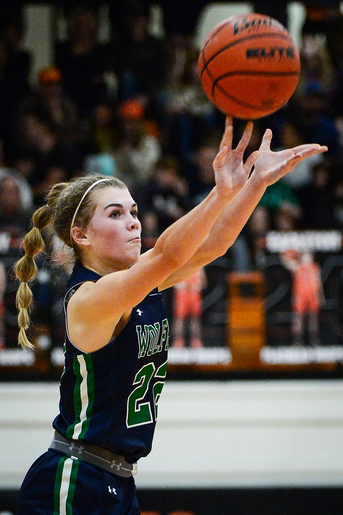 Glacier's Noah Fincher (22) shoots a three-pointer against Flathead at Flathead High School on Friday, Jan. 21. (Casey Kreider/Daily Inter Lake)