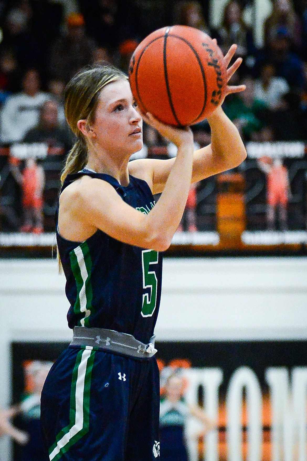 Glacier's Kiera Sullivan (5) shoots a three-pointer against Flathead at Flathead High School on Friday, Jan. 21. (Casey Kreider/Daily Inter Lake)