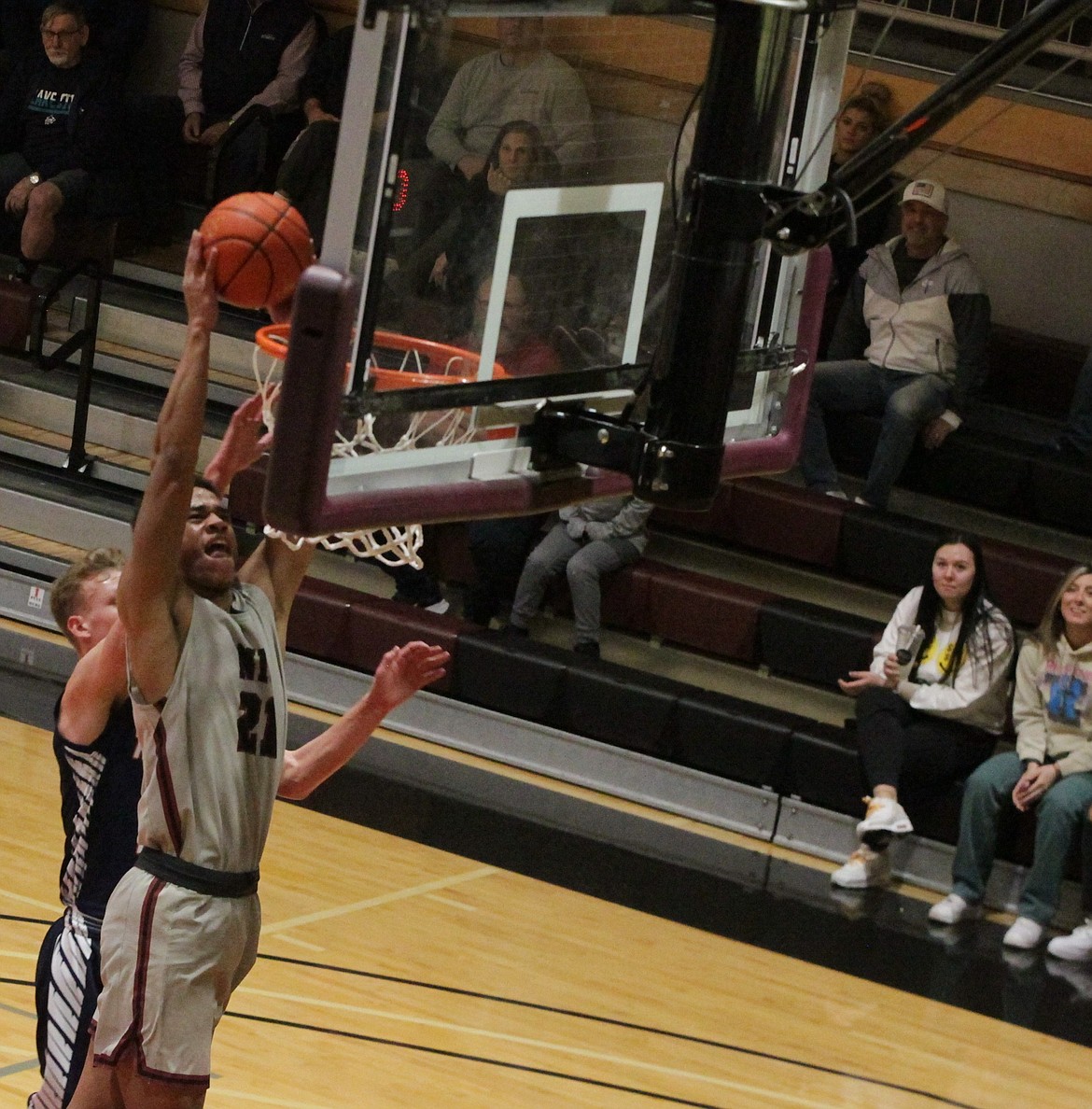 JASON ELLIOTT/Press
North Idaho College freshman guard Xavier Bailey attempts to finish a fast break with a slam dunk during the first half of Saturday's game against Treasure Valley at Rolly Williams Court.