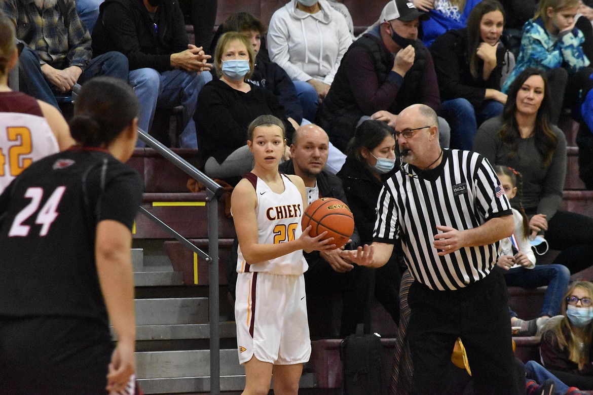 Referee Scott Strom hands the basketball to Moses Lake High School sophomore Addi Nighswonger during the Moses Lake High School versus Sunnyside High School game on Saturday.