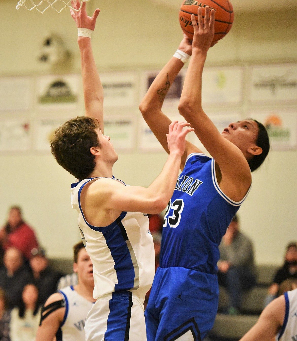 Cedrick McDonald rises to the rim against Bigfork. (Scot Heisel/Lake County Leader)