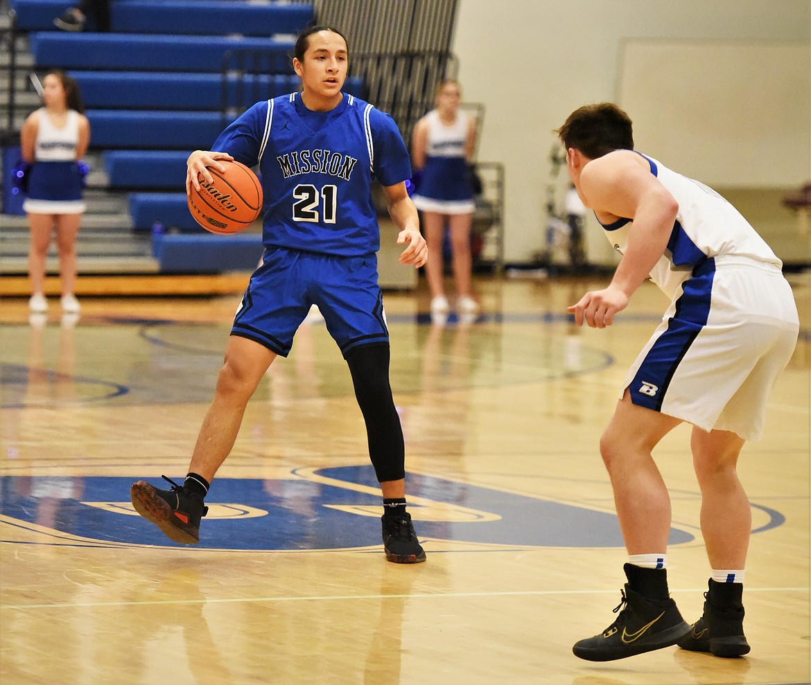 Mission's Kellen McClure brings the ball upcourt. (Scot Heisel/Lake County Leader)