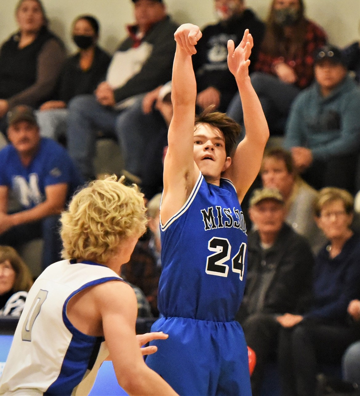 Zoran LaFrombois shoots a 3-pointer at Bigfork. (Scot Heisel/Lake County Leader file)