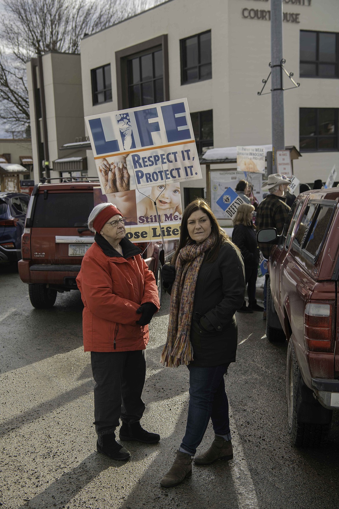 Mona Jacovson and Madine Nelson at the March for Live event in Thompson Falls. (Tracy Scott/Valley Press)
