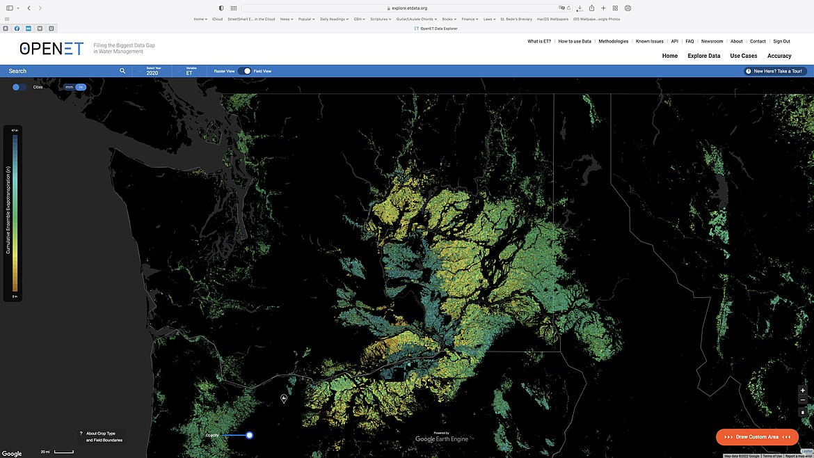 A screenshot of the OpenET mapping website with a focus on Washington state. The darker green areas show greater evaporation of water, and in Central Washington, shows very clearly the extent of irrigated acres in the Columbia Basin Project as compared with dry farm wheat and barley land to the east and north.