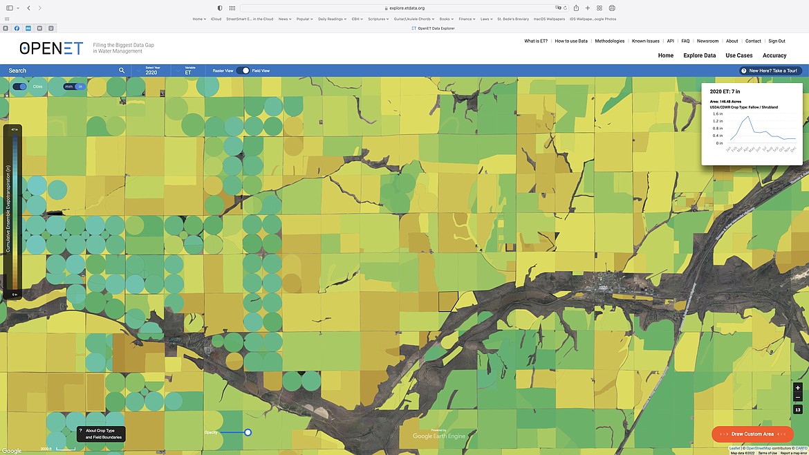 A close-up screenshot of the OpenET mapping software showing irrigated and dry land fields around Lind.