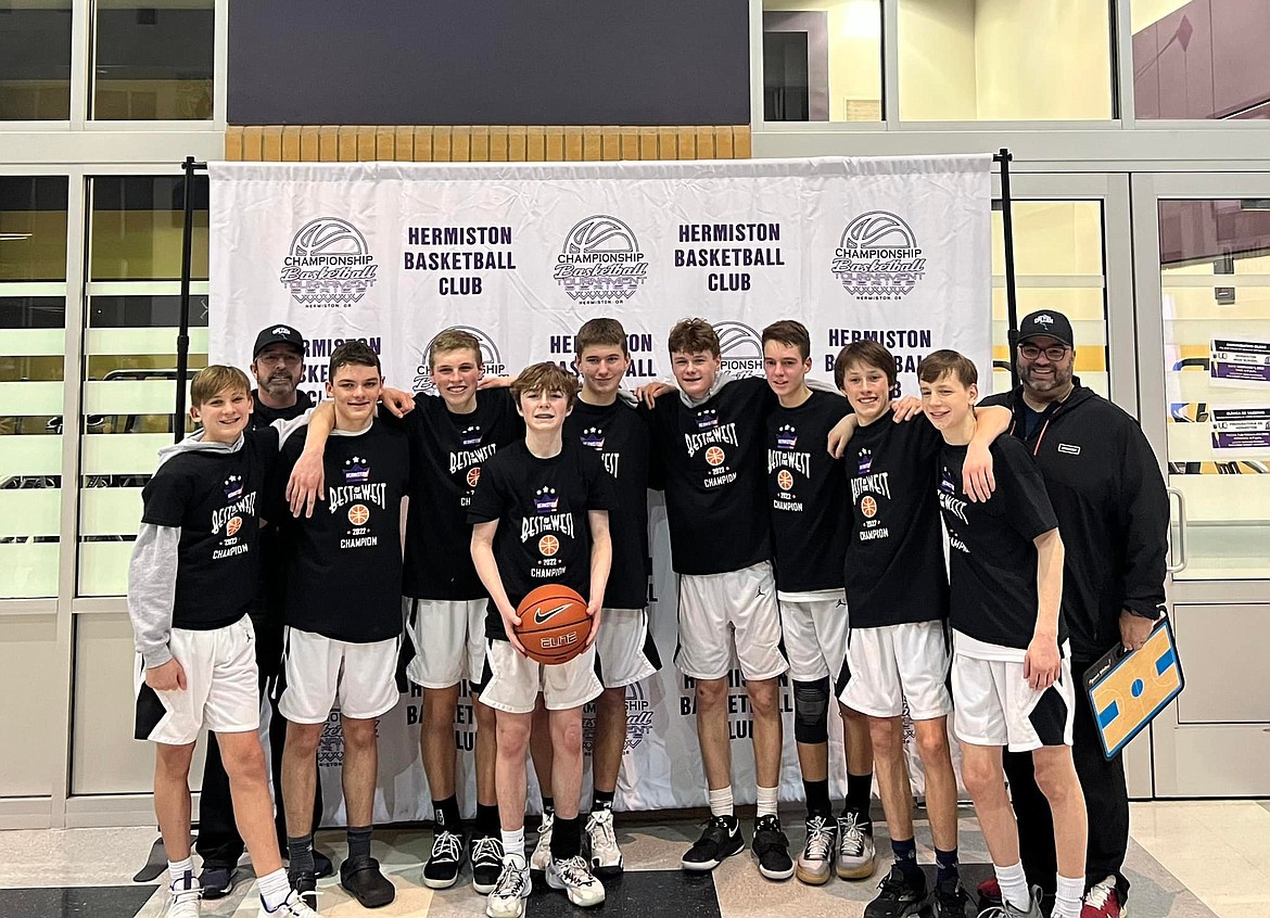 Courtesy photo
The North Idaho Splash eighth-grade boys basketball team won the Hermiston Best of the West Purple Bracket Championship in Hermiston, Ore., on Jan. 22-23. The Splash went 5-0 for the tourney, defeating the Moses Lake Chiefs in the championship game 51-44. In the front row from left are Tyson Ruggiero, Will Jackson, Jackson Bowman, Jace Taylor, Peyton Hillman, Andy Everson, Beau Pearson, Wren Jackson and Jake Hill; and back row from left, coaches Sean Taylor and Chris Pearson.