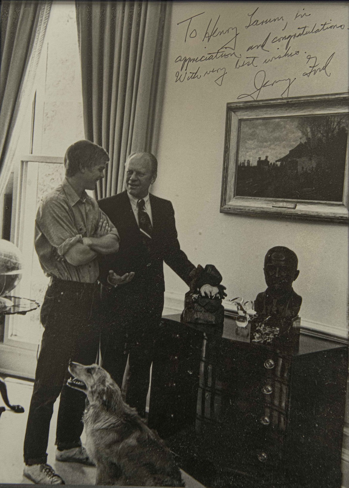 Steve and Gerald Ford with Henry Larum's carving in the Oval Office. (White House Press Photo)
