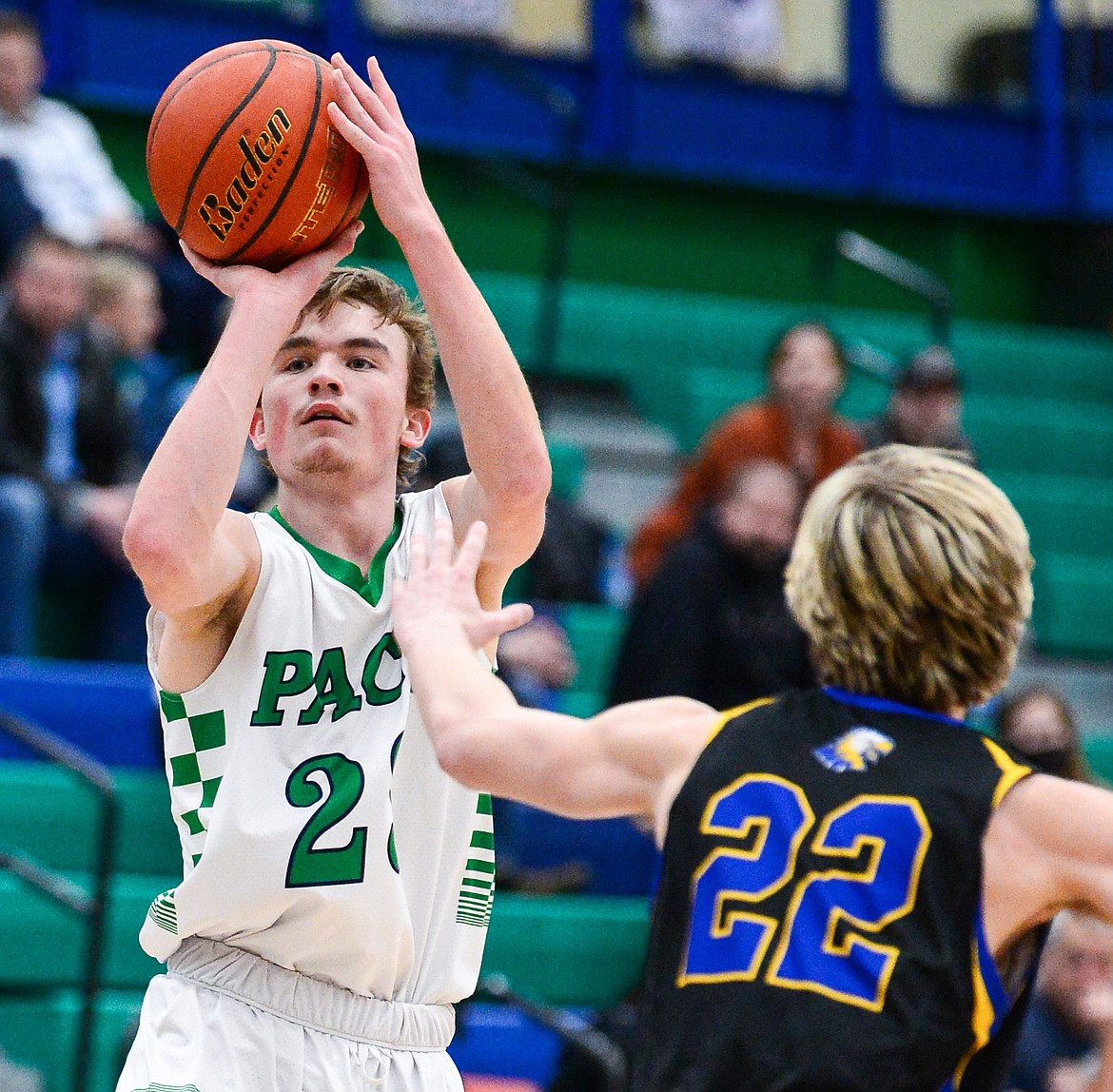 Glacier's Will Salonen (23) looks to shoot against Missoula Big Sky's Jacob Gardanier (22) at Glacier High School on Tuesday, Jan. 25. (Casey Kreider/Daily Inter Lake)