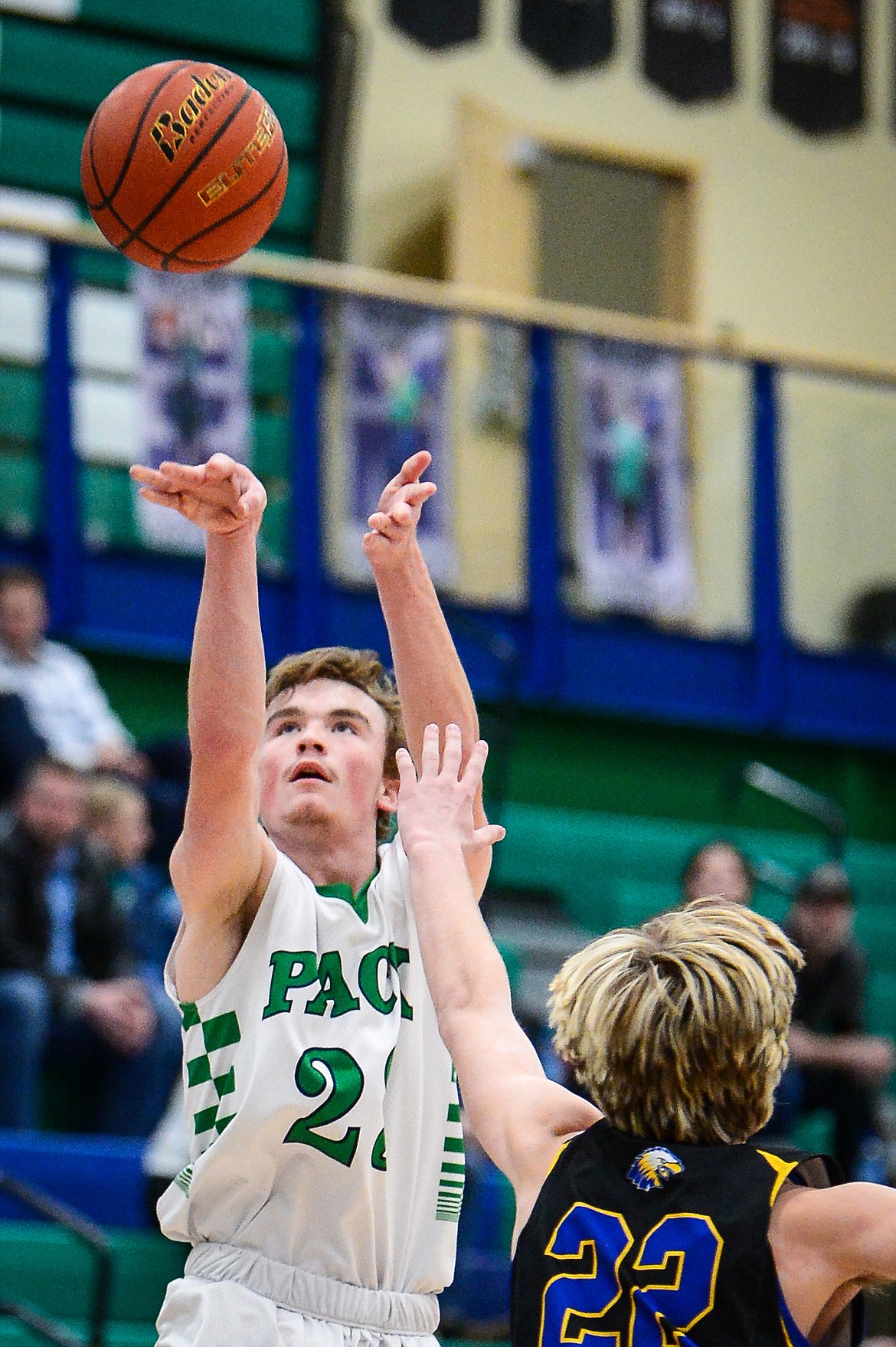 Glacier's Will Salonen (23) looks to shoot against Missoula Big Sky's Jacob Gardanier (22) at Glacier High School on Tuesday, Jan. 25. (Casey Kreider/Daily Inter Lake)