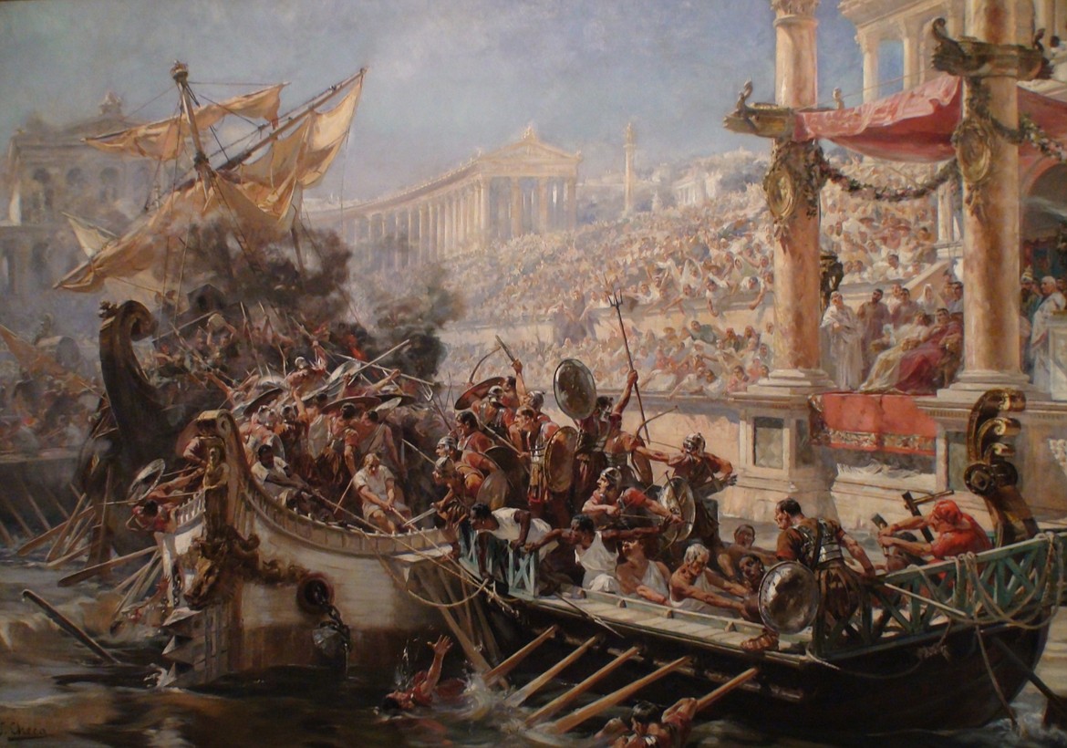 The Romans entertained crowds by recreating naval battles in the Coliseum and other venues by flooding the arena, involving warships of those times — including galleys — as depicted in this painting by Spanish artist Ulpiano Checa (1860-1916), first exhibited at the National Society of Fine Arts in Paris in 1894.