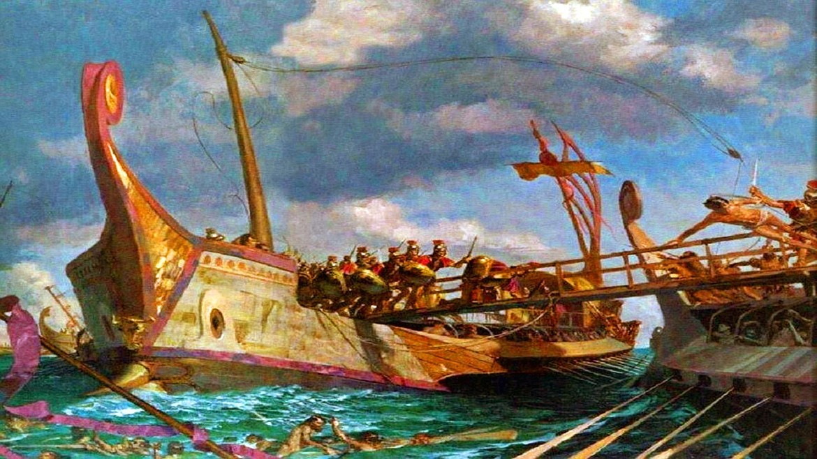 Battle depiction of troops galley boarding in Punic War between Rome and Carthage fought in the Mediterranean.