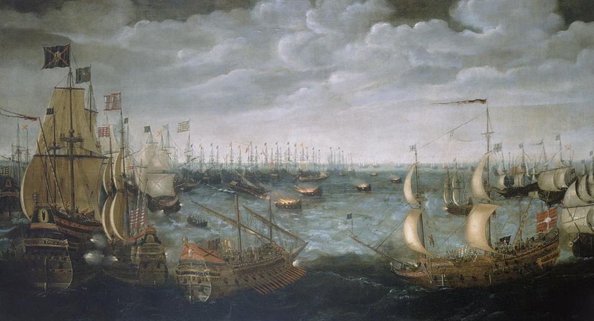 Spanish Armada (1588) painting showing galley in the foreground.