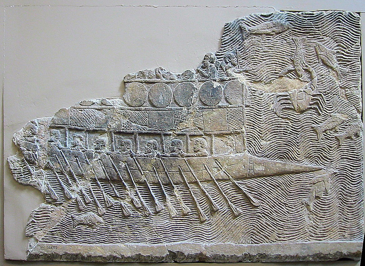 This Assyrians bas-relief in the British Museum shows a bireme, powered by two tiers of oarsmen (c.700 B.C.).