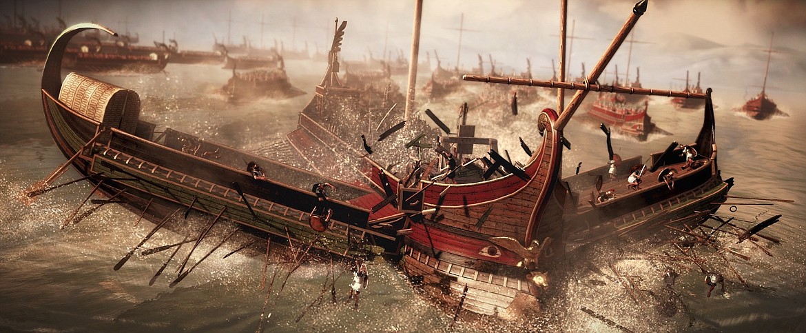 Sea battle depiction of ramming of triremes, warships powered by three levels of rowers developed by the Phoenicians and Greeks and copied by the Romans, with other vessels having less levels of oarsmen, or more.