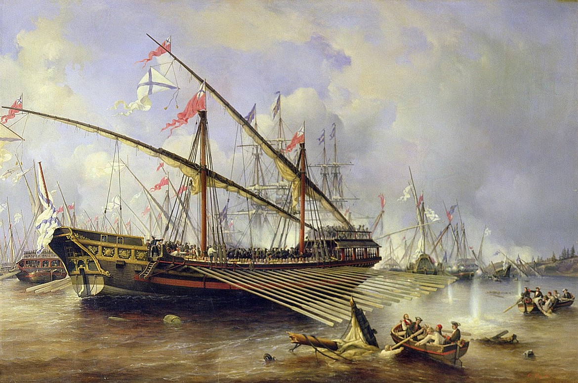 Early 18th century Russian Baltic warships like this one using sail and oars were effective in shallow waters off Finland.