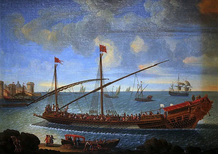 The French galley Réale returning to port, during the reign of Louis XIV, the rowers not always slaves or criminals but also well-disciplined freemen (c.1694).