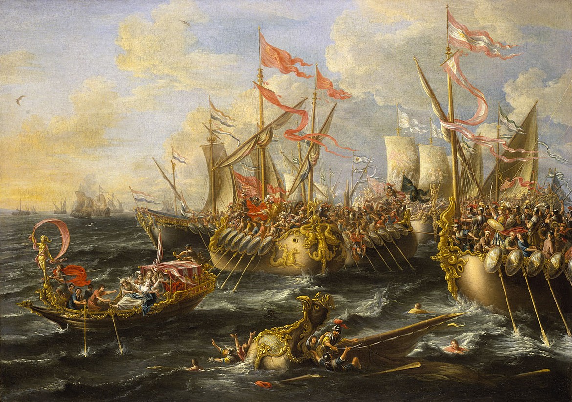 Lorenzo A. Castro (c.1664-1700) painting of Battle of Actium (31 B.C.) between Roman Emperor Octavius defeating Anthony and Cleopatra’s combined fleets, using galley warships, inaccurately portrayed, being chubby rather than sleek, with figures wearing 17th century clothing.