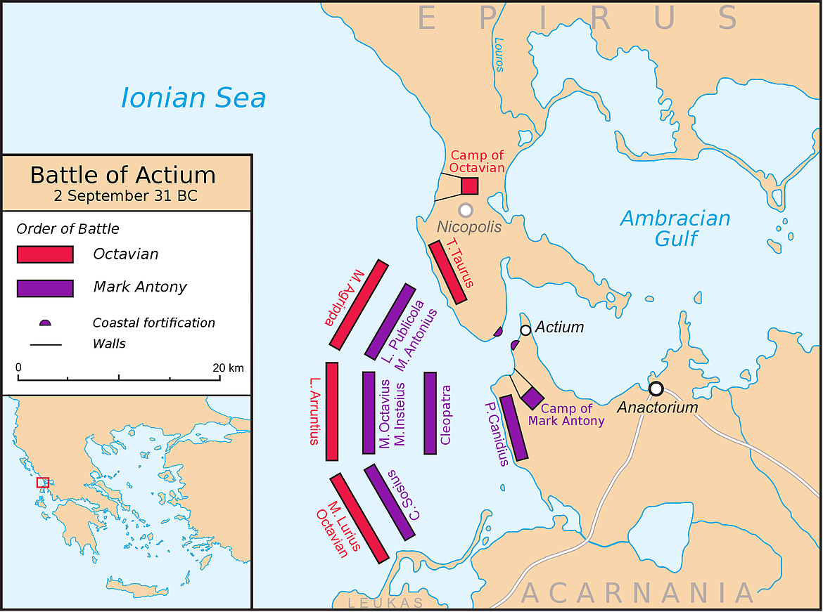 Actium, Greece where land and sea battles took place in 31 B.C. during a Roman Empire power struggle that would lead to the downfall and death of both Antony and Cleopatra.