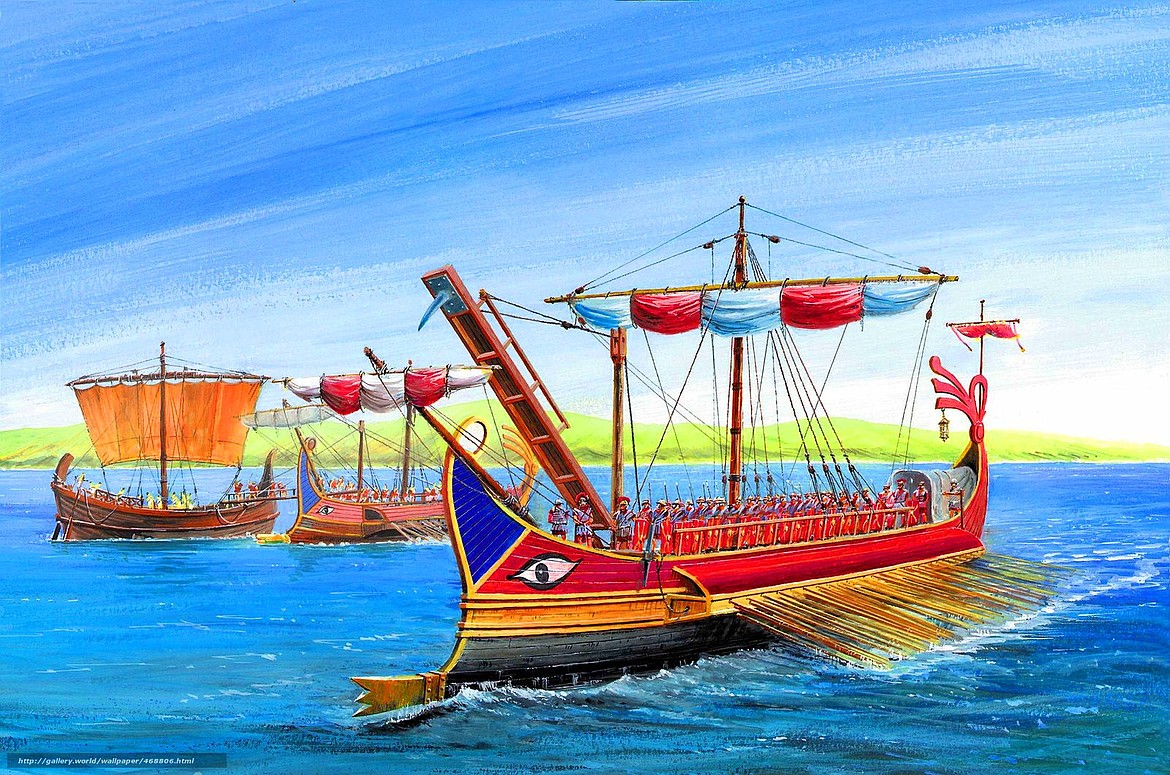 Illustration of war galleys used during the Punic Wars (264-146 B.C.) between Rome and Carthage, when galley slaves were sometimes used.