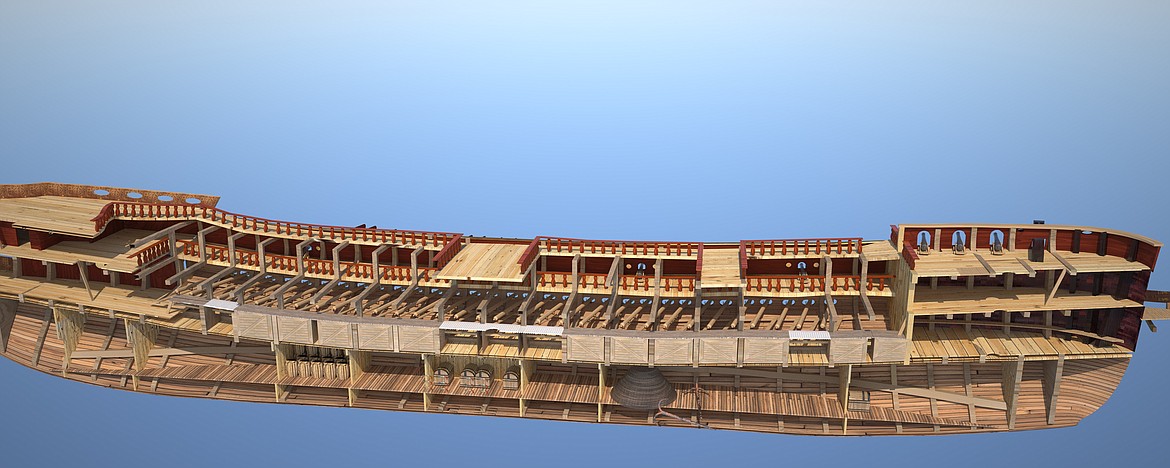 Cutaway model of an oar-powered Venetian galeazzi, one of the top ships in the Republic of Venice fleet in the Mediterranean during the 16th and 17th centuries.