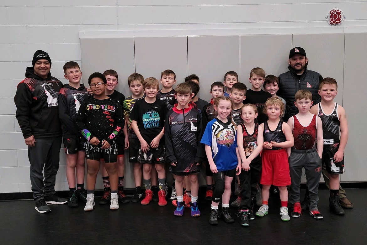 Courtesy photo
Team Real Life took third place in the Elementary division at the Legacy Duals in Meridian on Jan. 22. In the front row from left are Hartleigh Block, Neala Block, Elijah Jarvis and Lex Sheffler; second row from left, Dameterius Sperry, Damian Jarvis, Rowen Moore, Ramon Brown, Jimmer Genatone and Knox Kjar; and back row from left, coach Abel De La Rosa, Samson Kjar, Beaudi Shaeffer, Wesley Fisher, Brayson Moore, Elijah Bushy,  Jaxon Brazle, Reice Reardon, Jude Zender and coach Jeremy Zender. Not pictured is Christan Bushy.