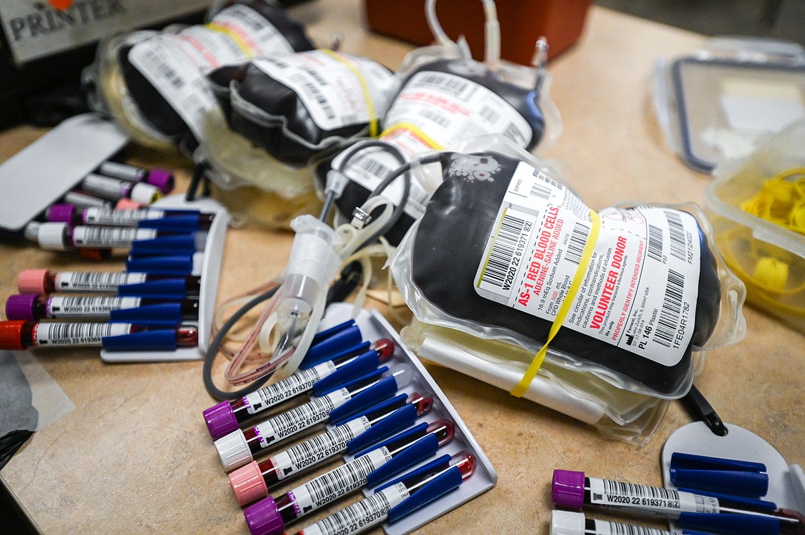 Collected units of blood to be processed for transport at an American Red Cross blood drive at the Flathead National Forest office in Kalispell on Thursday, Jan. 27. (Casey Kreider/Daily Inter Lake)