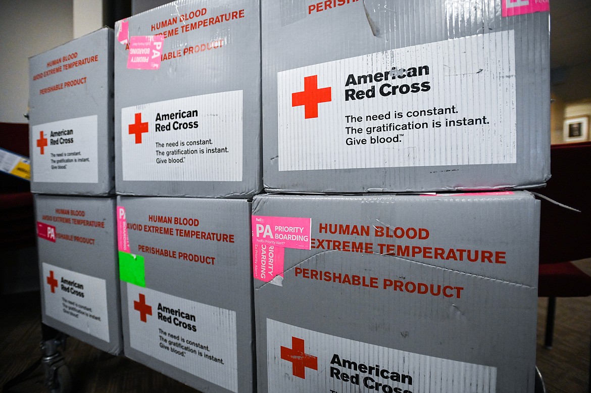 Boxes of donated blood await transport at an American Red Cross blood drive at the Flathead National Forest office in Kalispell on Thursday, Jan. 27. (Casey Kreider/Daily Inter Lake)