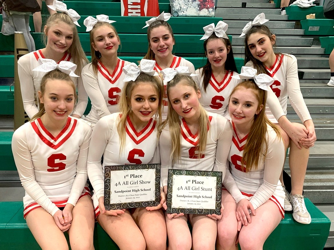 SHS cheer captured first at districts in all-girl show and all-girl stunt Saturday to punch tickets to state in both. Pictured in the front row (from left): Sophie Promper, Olivia Dyk, Jessica Mancuso and Cadence Giese. Back row (from left): McKenna Kuprienko, Jordan Rosenau, Kenzie Wyman, Jasmine Alexander and Shaina Crabb