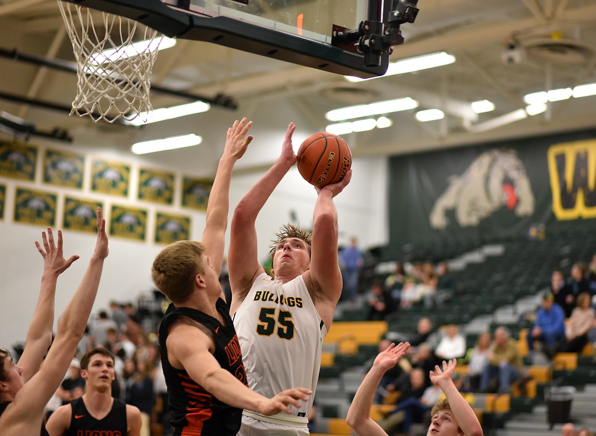 Senior Talon Holmquist rises up against Eureka on Jan. 27. (Whitney England/Whitefish Pilot)