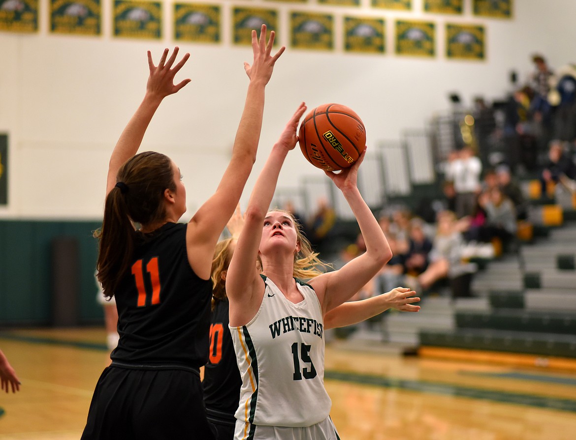 Whitefish sophomore Bailey Smith takes a shot against Eureka on Jan. 27. (Whitney England/Whitefish Pilot)