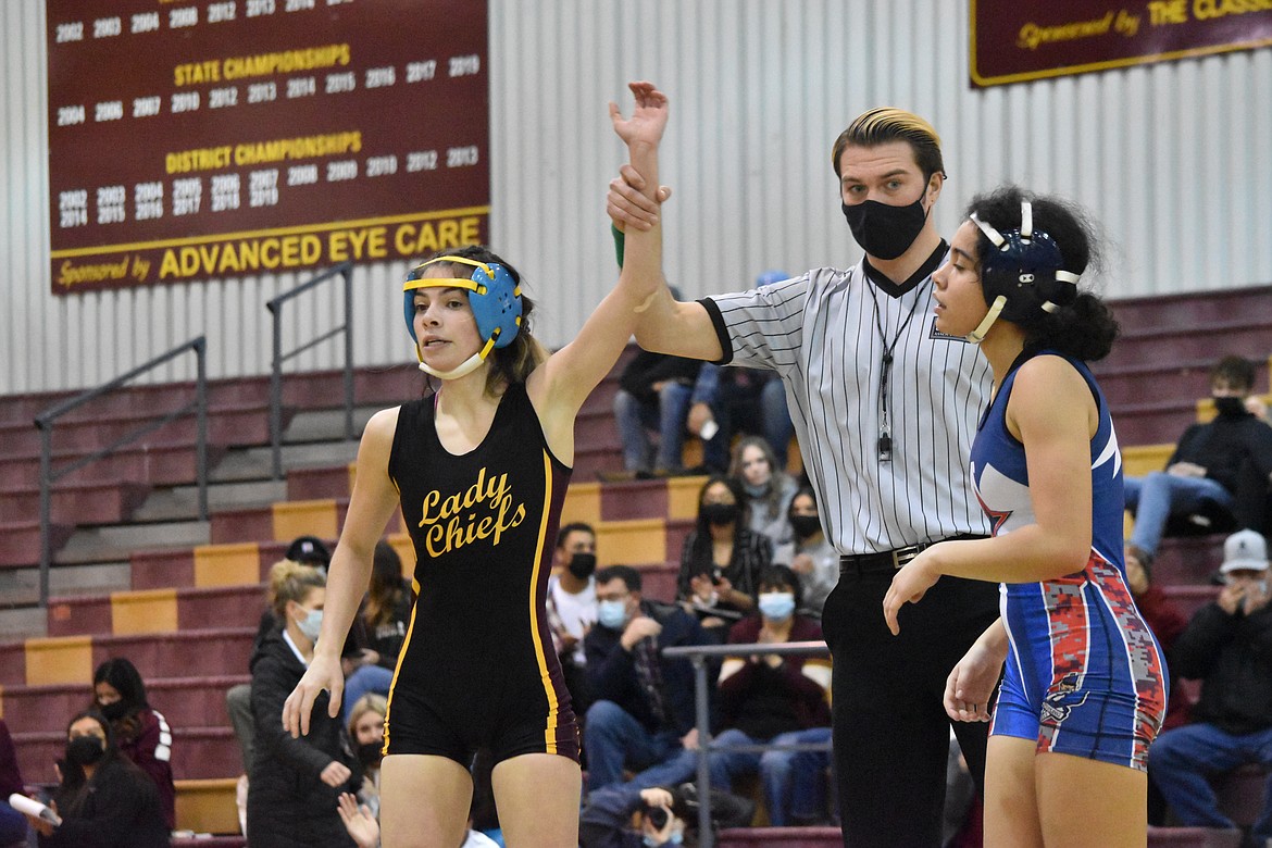 On Thursday, Moses Lake High School junior Brianna Martinez won her match against Eisenhower High School’s Emma Caudle.