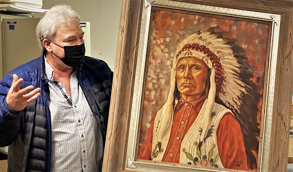 This painting of Kootenai Chief Koostata was one of the larger pieces that fell from the upper walls of the rotunda during the 2020 fire at the People's Center in Pablo. Art restoration specialist Joe Abbrescia said it was an honor to be able to restore this and several other pieces for the Tribes. (Carolyn Hidy/Lake County Leader)