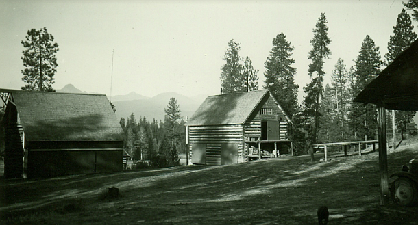 1936 picture showing the barn and tack shed at the Condon ranger station down the Swan Valley. (Forest Service Northern Region Archives)