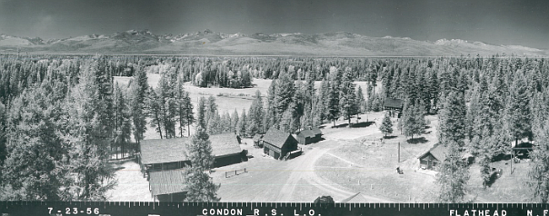 1956 picture from Condon lookout tower showing the old Condon ranger station compound and looking northwest. (Forest Service Flathead NF Archives)