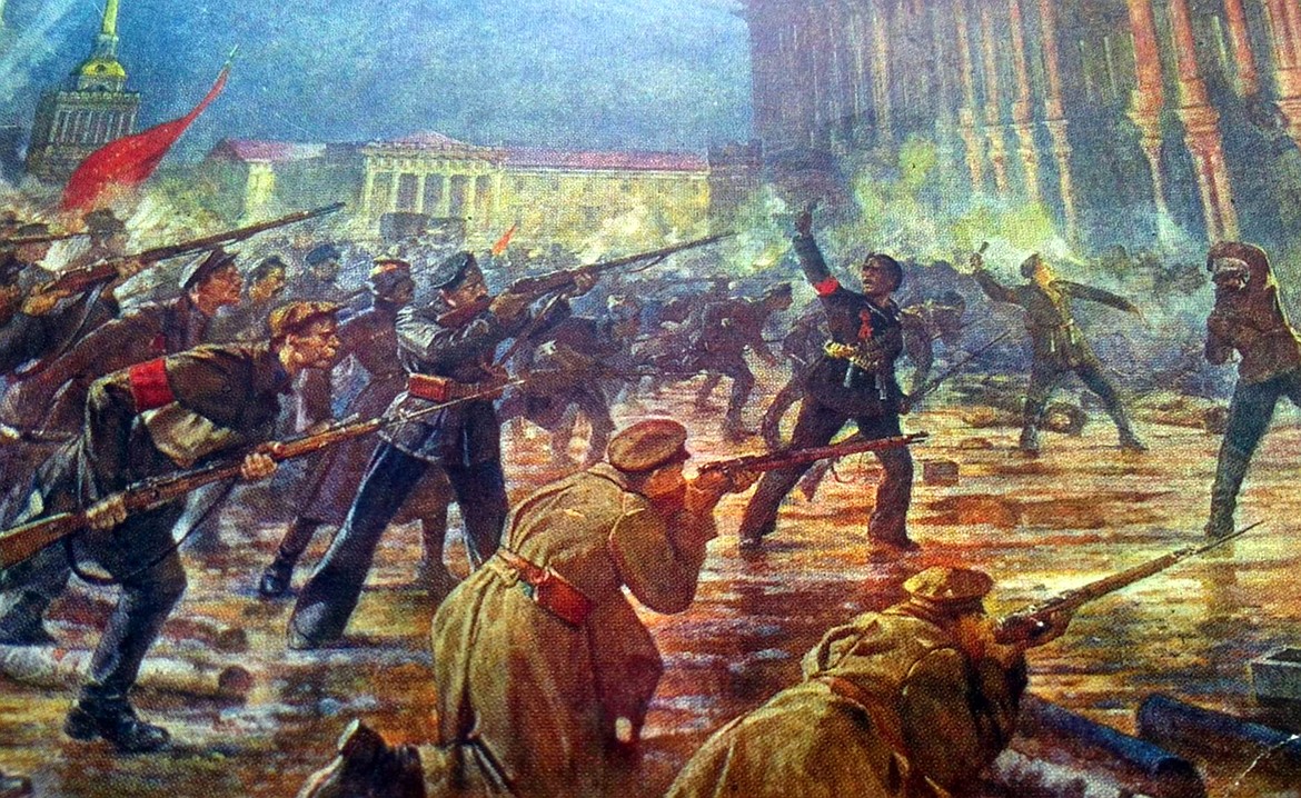 Bolshevik revolutionaries storming the czar’s Winter Palace in St. Petersburg (1917).