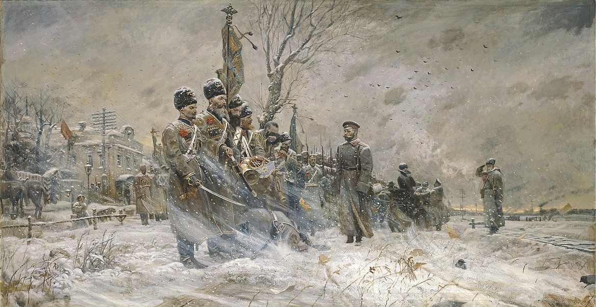 Painting by Ryzhenko Pavel Viktorovich of Czar Nicholas II bidding farewell to Russian troops during World War I in 1916 after he abdicated (painting 2004).