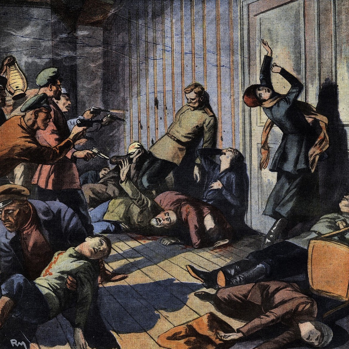 Front page of French newspaper Le Petit Journal Illustre in 1926, depicting massacre of Czar Nicolas II of Russia and his family and servants by Bolsheviks in the half-basement room of Ipatiev House in Yekaterinburg on July 17, 1918.