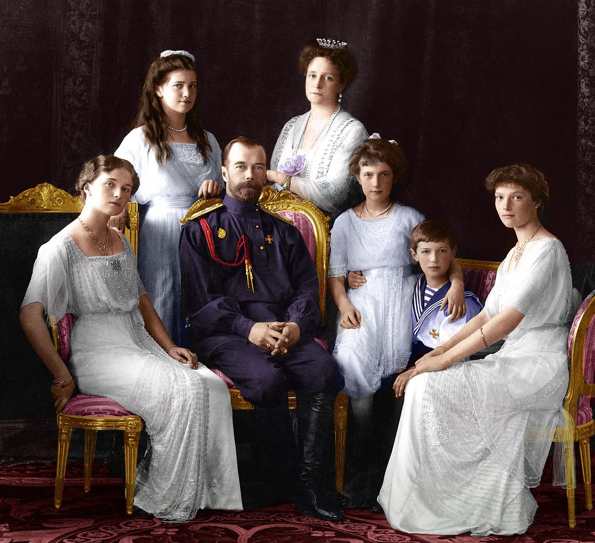 Nicholas II, Czar of Russia, with (from left), Olga, Maria, Czarina consort Alexandra, Anastasia, Alexei and Tatiana (c.1914).
