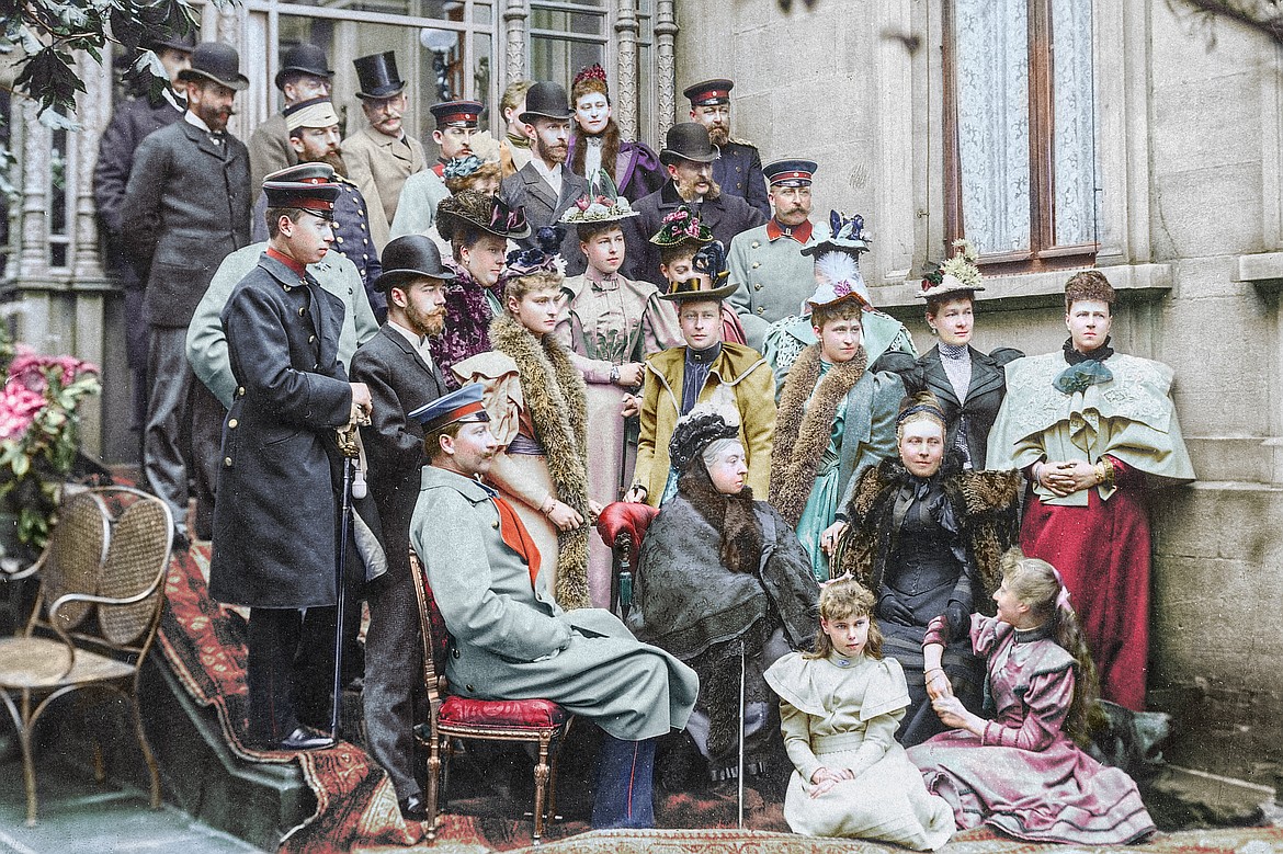 Queen Victoria and her family, including King Edward VII, Czar Nicholas II, Tsarina Alexandra, Kaiser Wilhelm II and the Empress Frederick (Kaiser Wilhelm's mother and Queen Victoria's eldest daughter), at a wedding in Coburg, Germany, in 1894; all of the families in this photo would be at war with each other 20 years later.