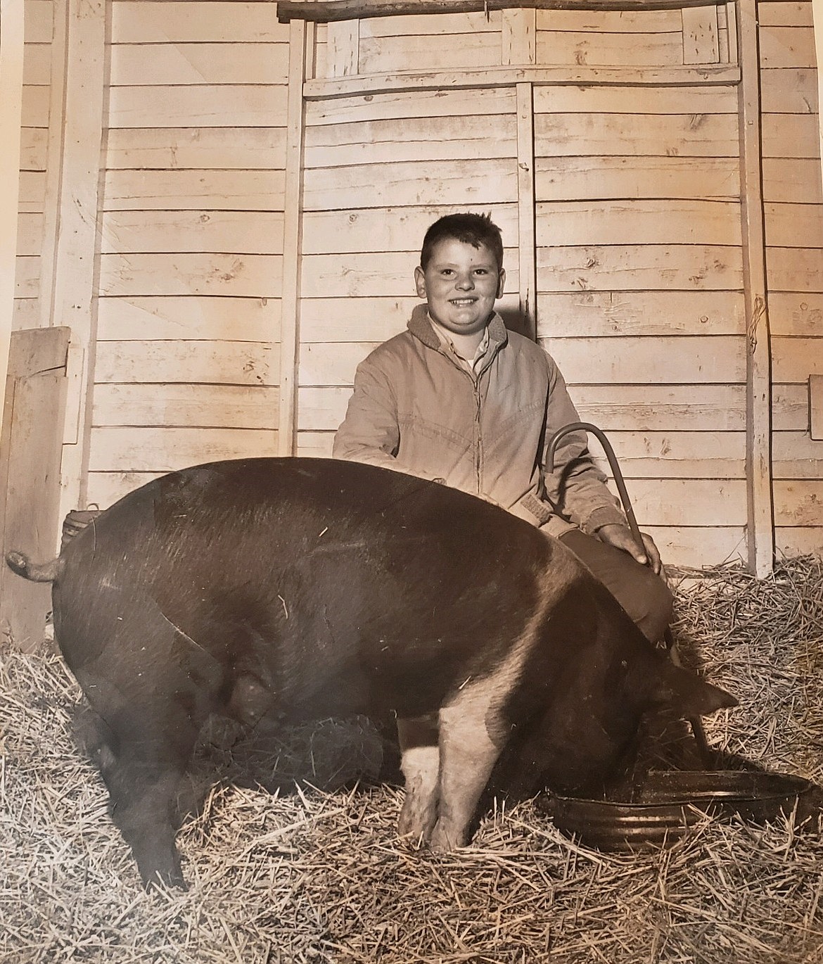 Local retired butcher and former 4-H member Fred Scheffelmaier at the Kootenai County Fair in the mid-50s with a prize hog.