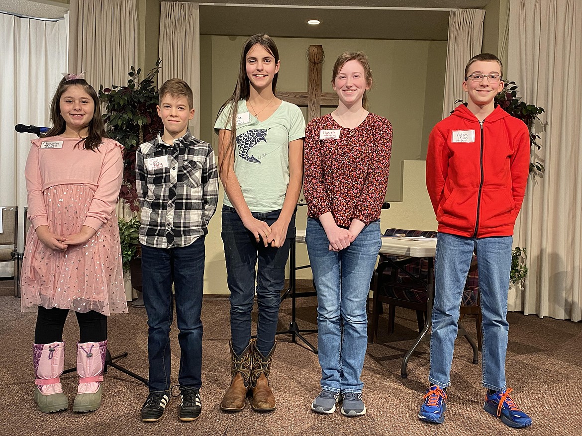 Pictured from left the North Idaho Homeschool District Bee winners who will all be competing at the North Idaho Spelling Bee Feb. 12: Ahmariah Mangabat, 4th grade; Joel Radke, 5th grade; Chloe Anglen, 6th grade; Danielle Wenstrom, 7th grade; Adam Moran, 8th grade. Courtesy photo